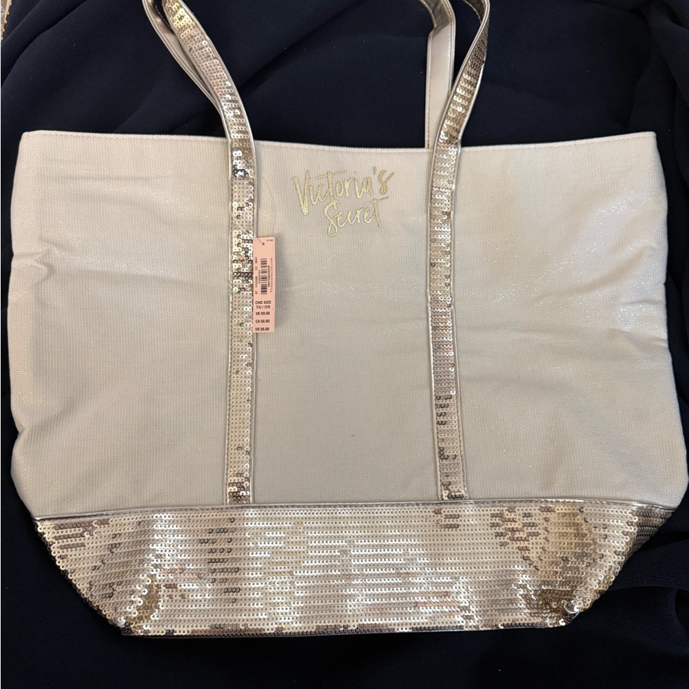 Victoria Secret Sparkle Beige Canvas Zipper Sequin Tote Bag